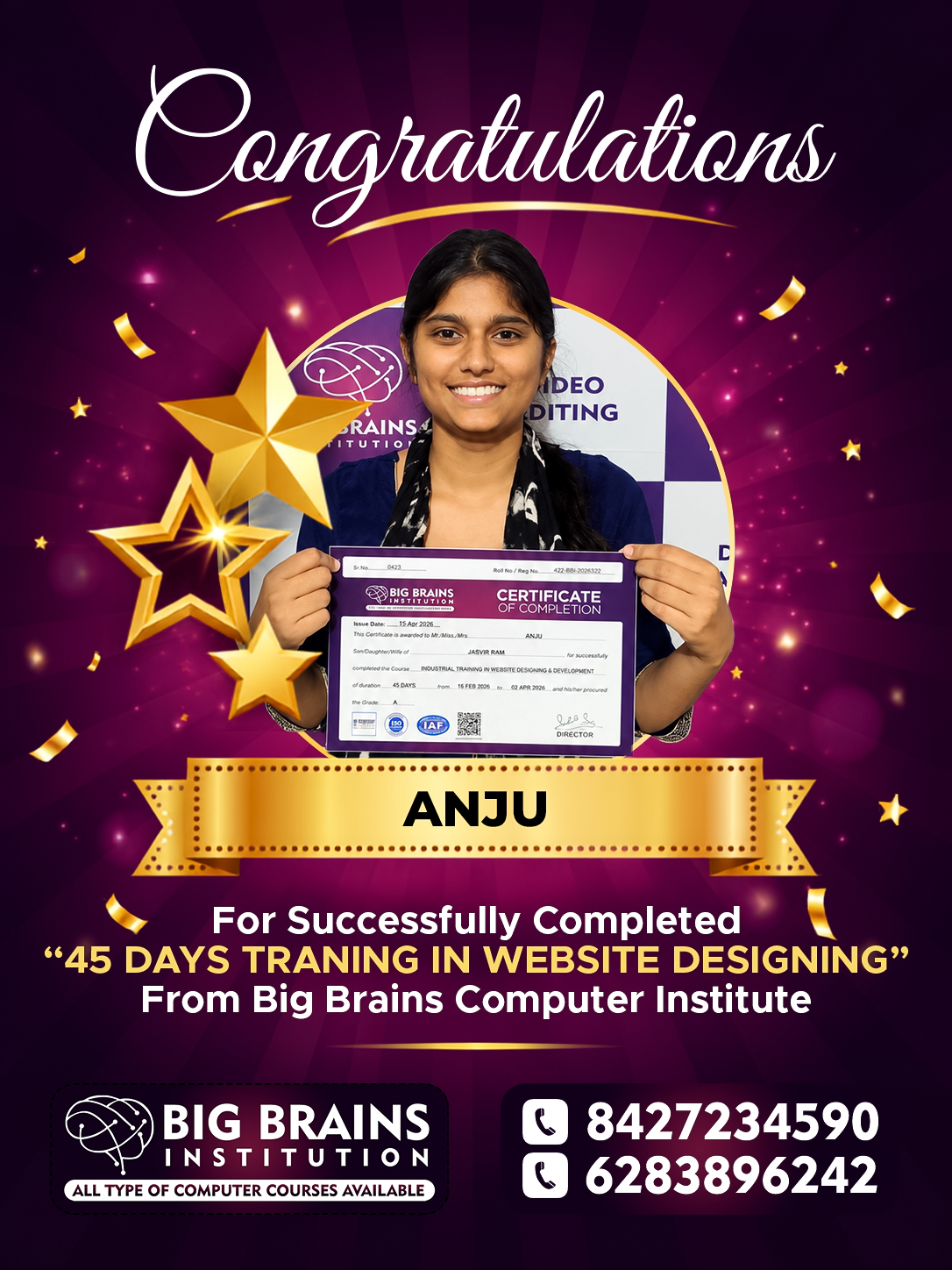 Anju successfully has done her Accounts course — Big Brains Phagwara