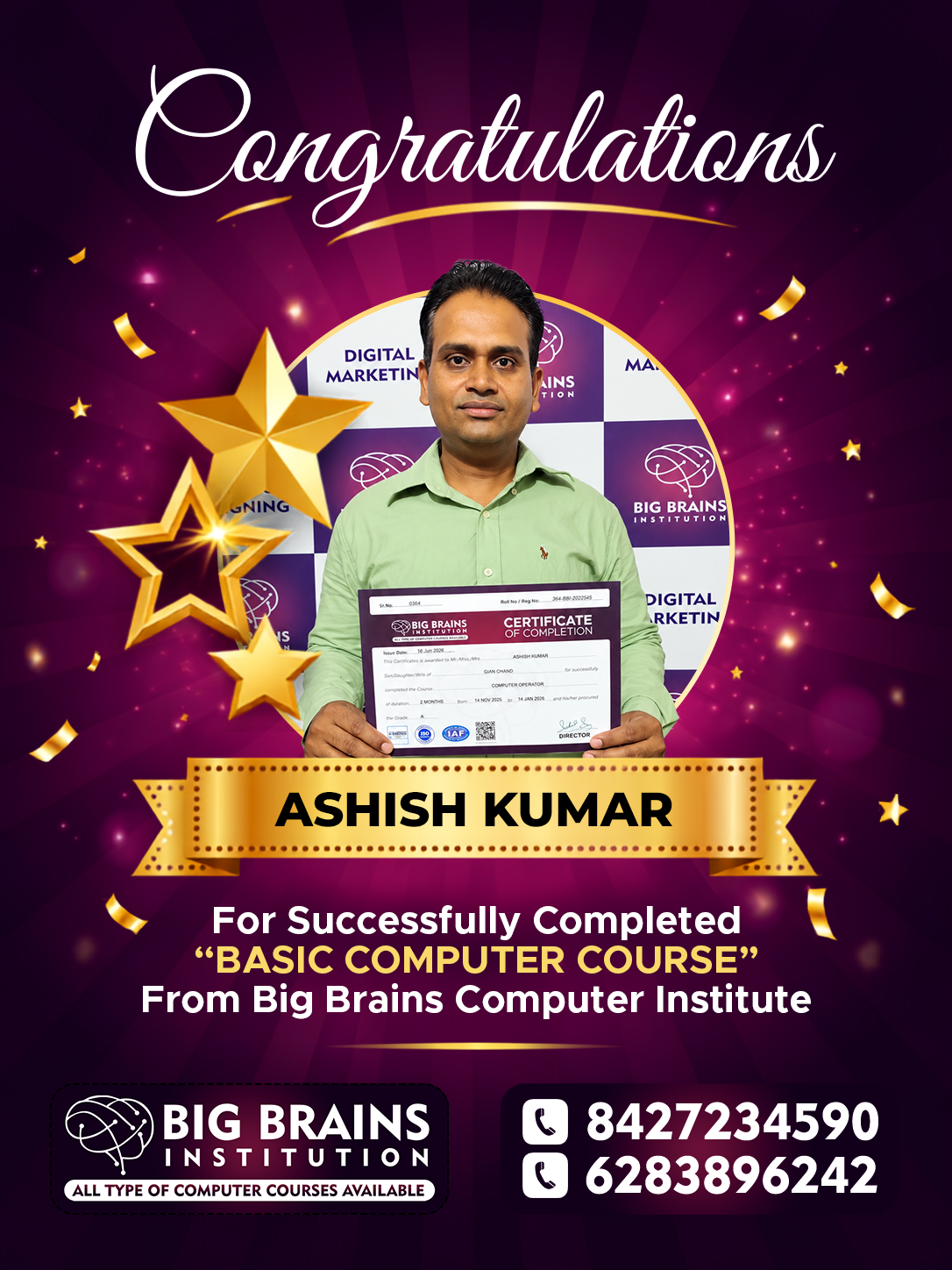 Ashish Kumar has successfully completed basic computer course — Big Brains Phagwara