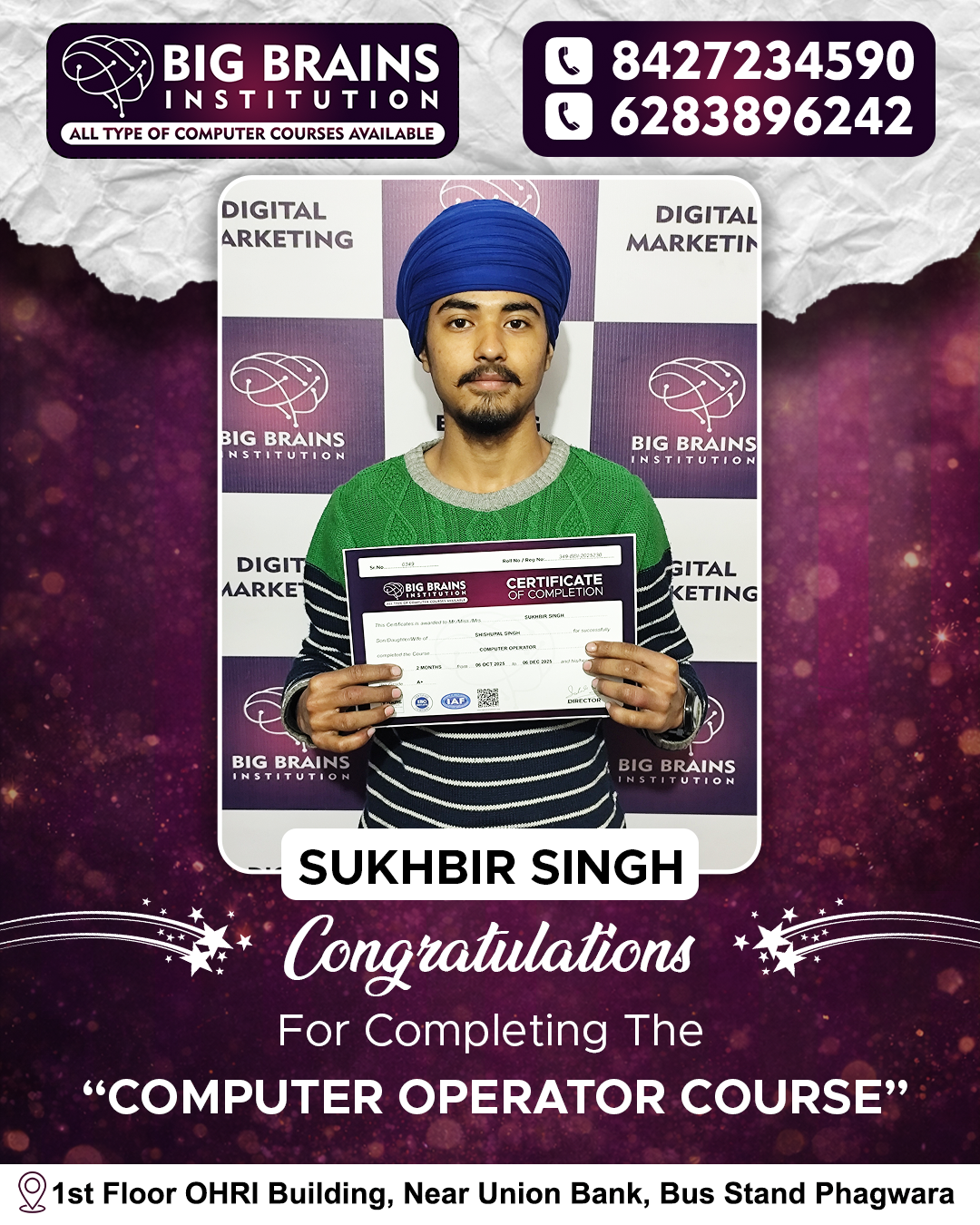 Congratulations to Sukhvir for completing Basic Computer course