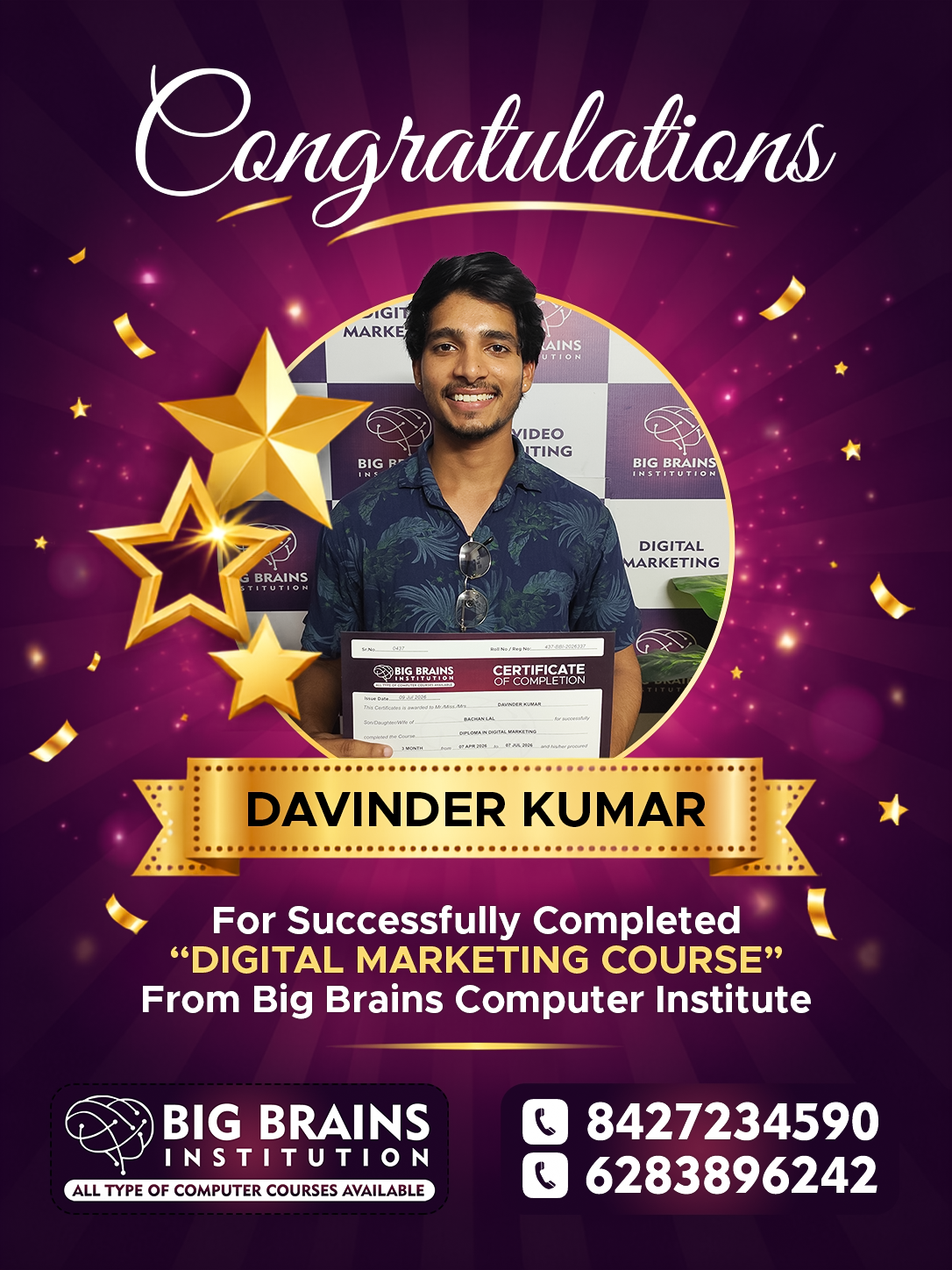 Davinder Kumar Digital Marketing Course — Big Brains Phagwara