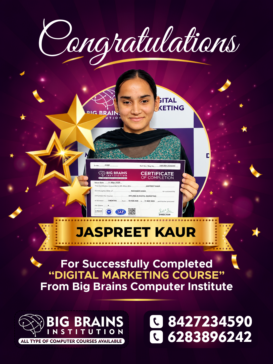Jaspreet Kaur Digital Marketing Course — Big Brains Phagwara