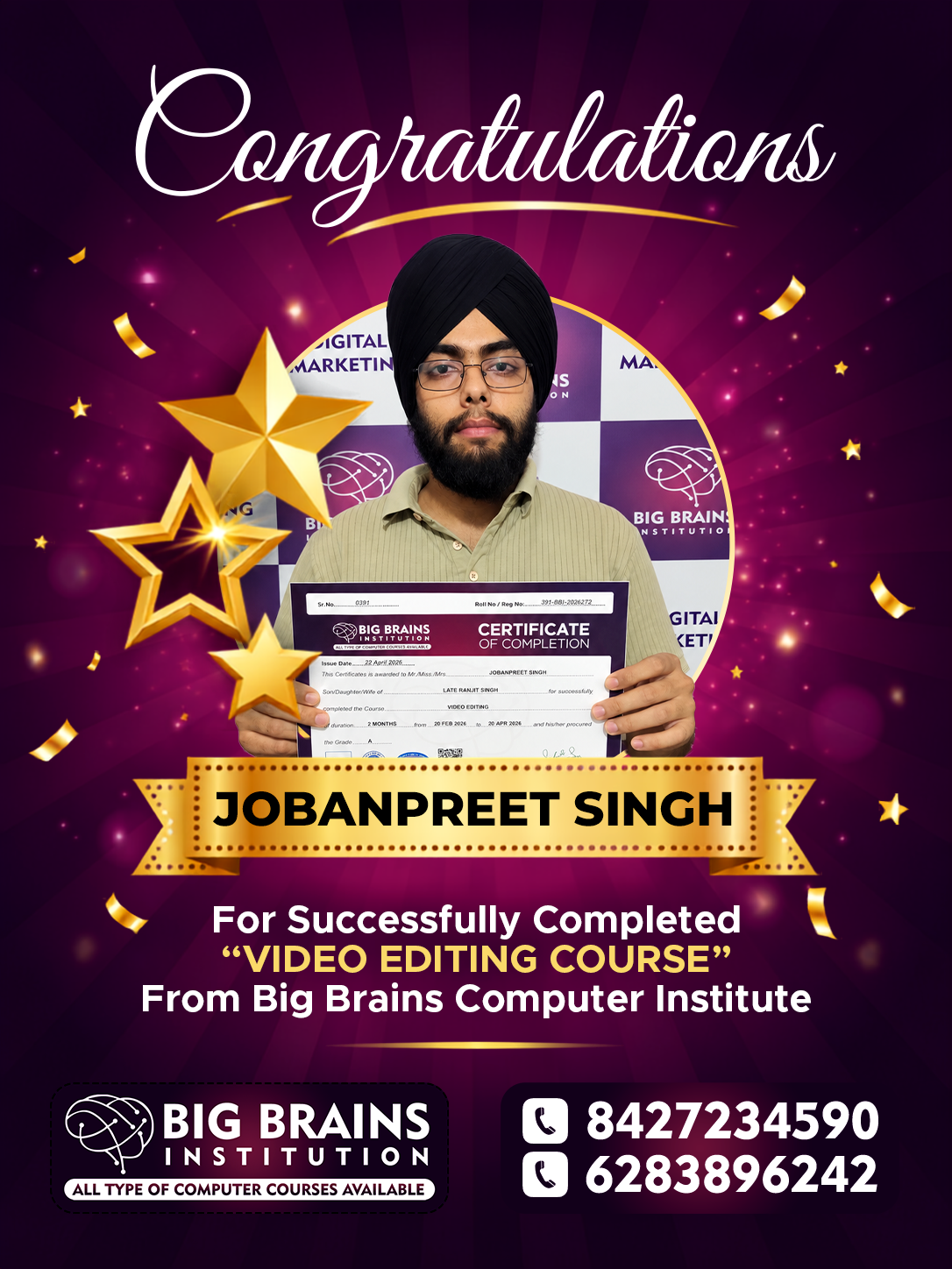 Jobanpreet Video Editing Course — Big Brains Phagwara