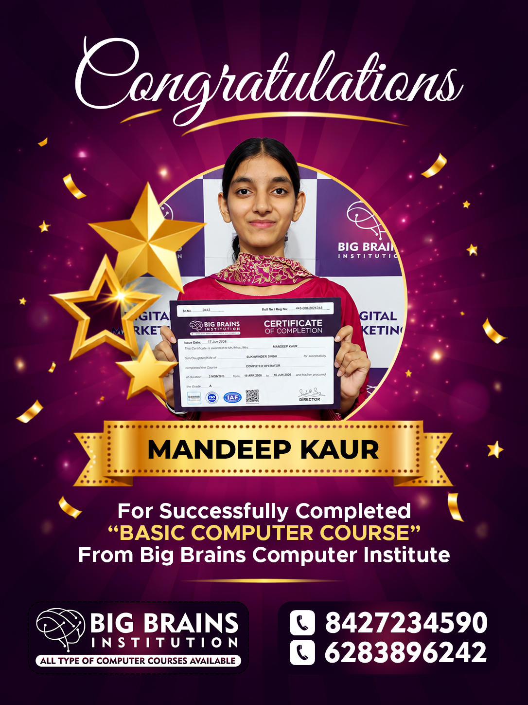 Mandeep Kaur Basic Computer course — Big Brains Phagwara