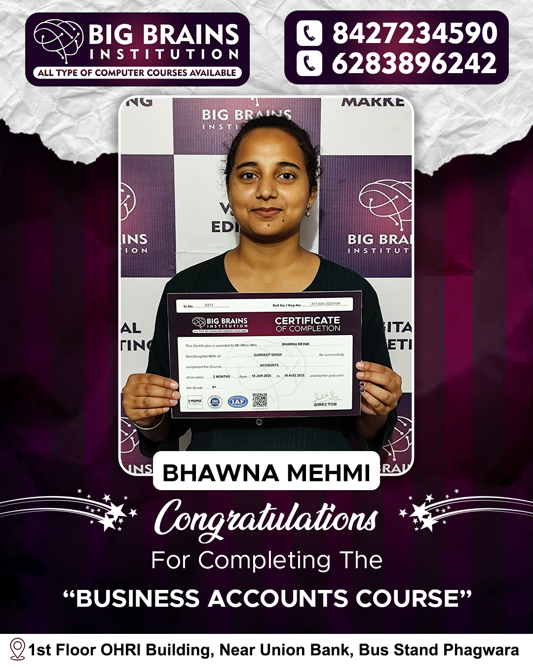 Ms. Bhawana (Accounts) — Big Brains Computer Institute achiever