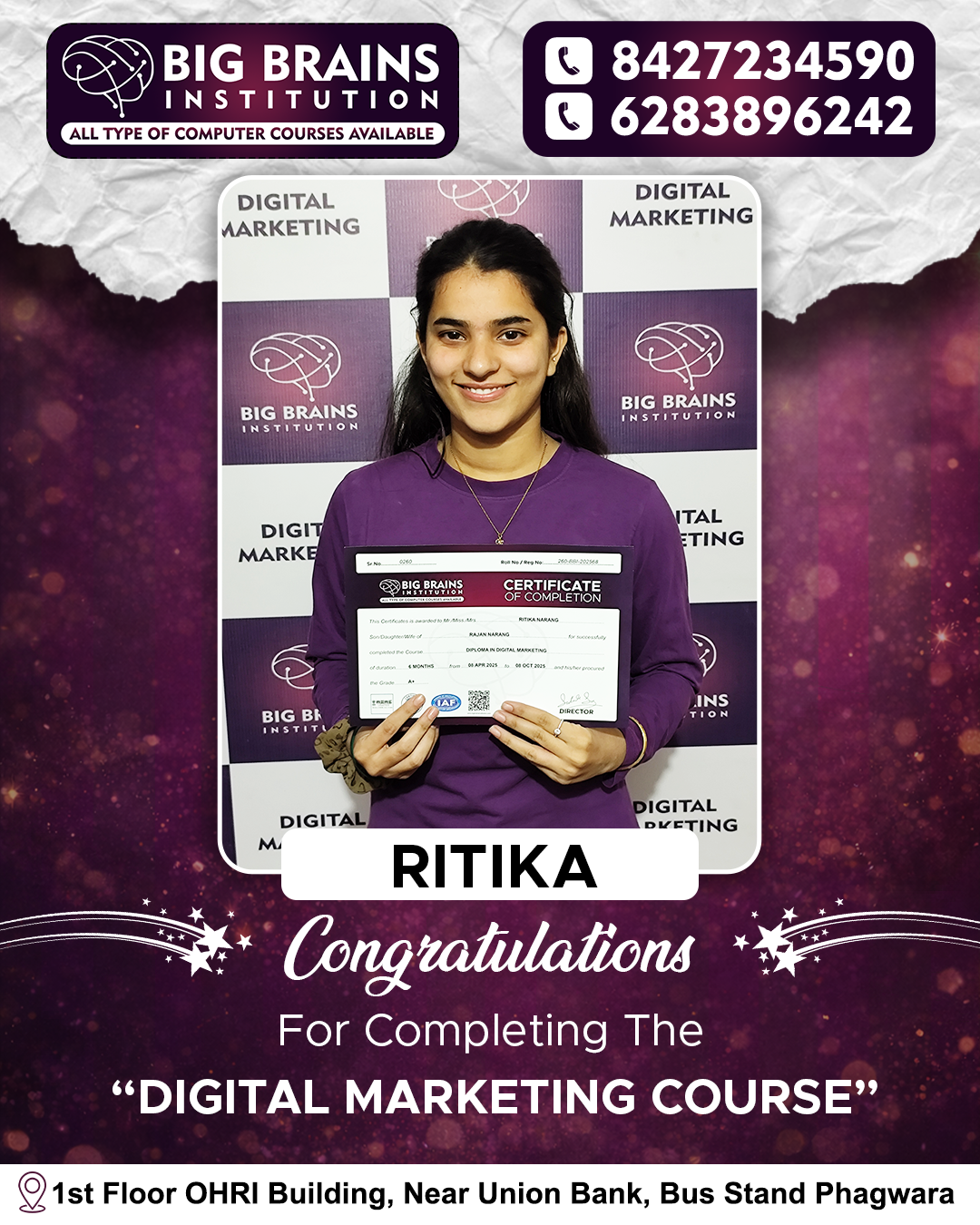 Ms. Ritika Narag (Digital Marketing) — Big Brains Computer Institute achiever