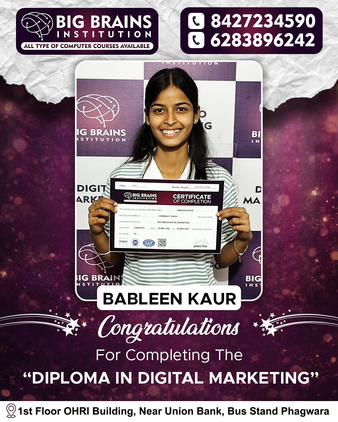 Ms. Bableen (Digital Marketing) — Big Brains Computer Institute achiever