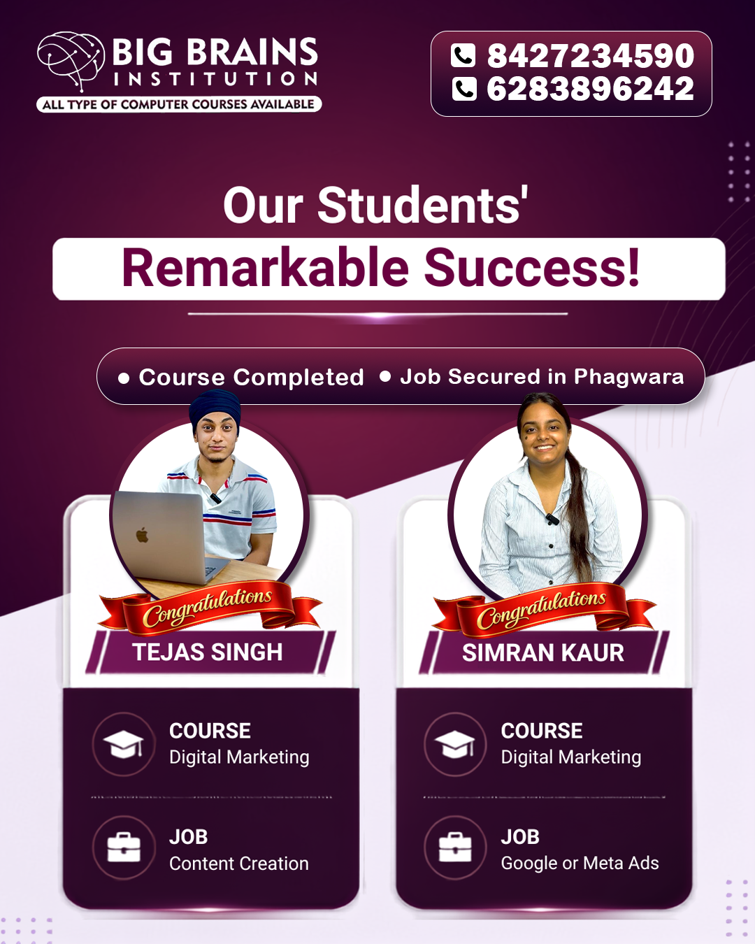 Tejas & Simran JOB Placement Success 🎉 — Big Brains Computer Institute achiever