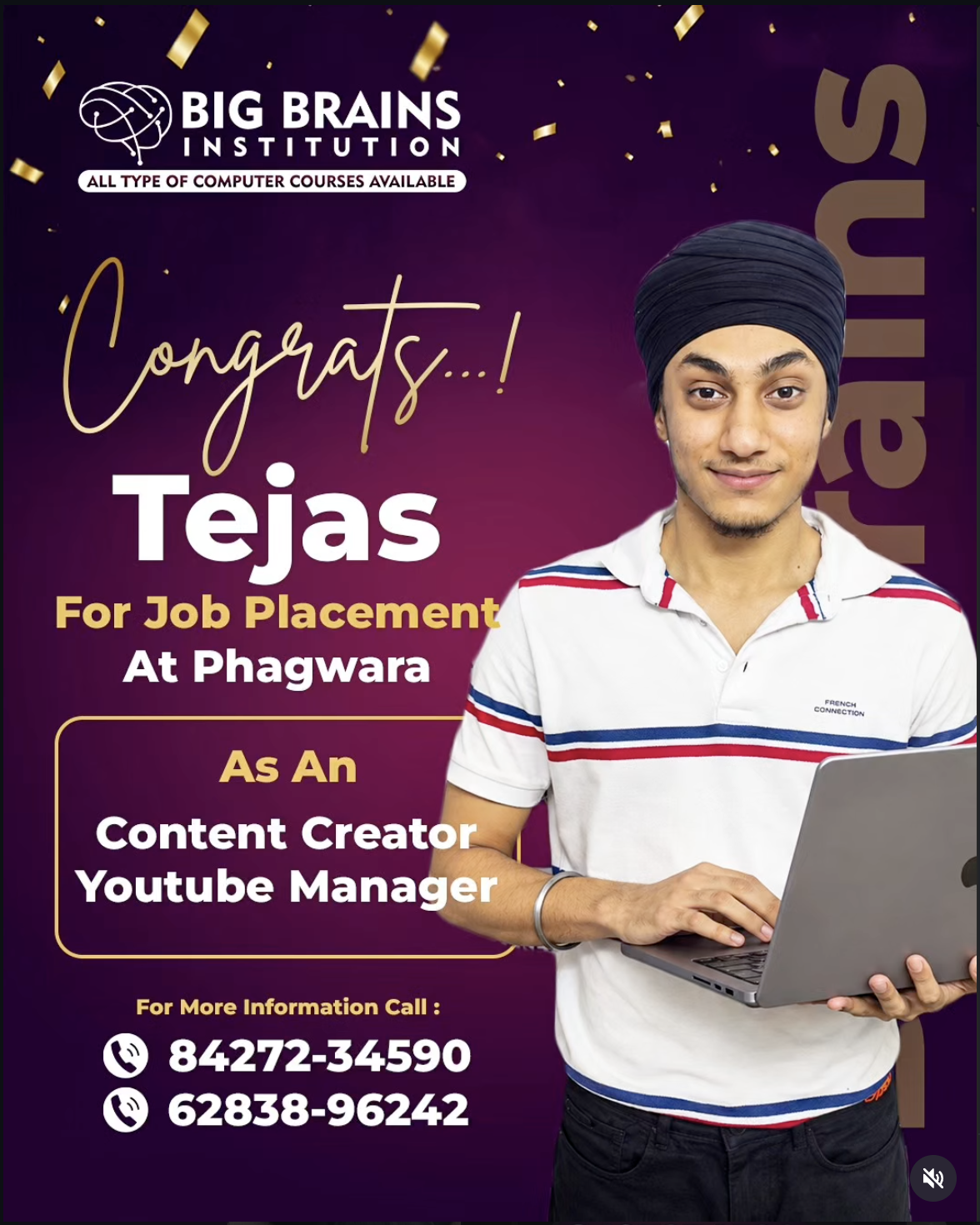 Mr. Tejas (Placed as Content Creator & YouTube Manager) — Big Brains Computer Institute achiever